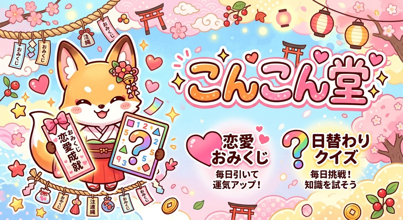 こんこん堂。着物姿の子狐が恋愛成就のおみくじとクイズの札を持っている看板